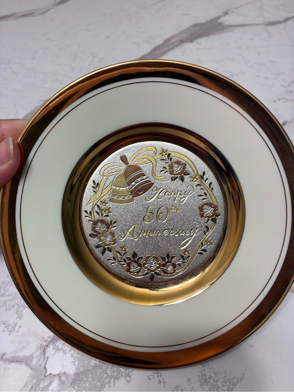 50th Anniversary Decorative Gold and White Commemorative Plate